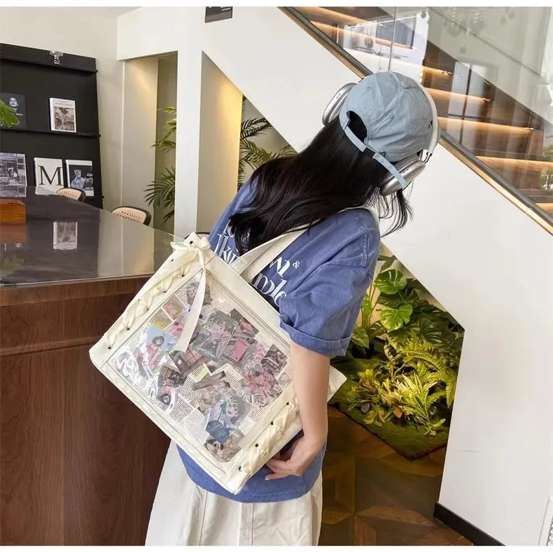 New Y2K Ribbon Bow Japanese Ita Shoulder Bag Cute Girl Transparent Pocket Large Capacity Crossbody Tote Bag DIY Display Handbags