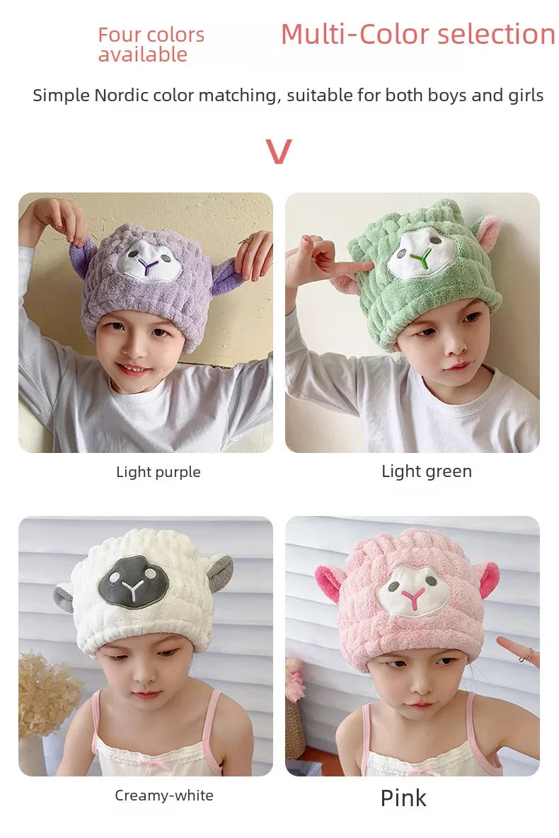 Coral Fleece Cartoon Kids Hair Drying Hat Animal Embroidered Shower Cap Absorbent Quick Dry Tape Cute Bathroom Accessory Soft