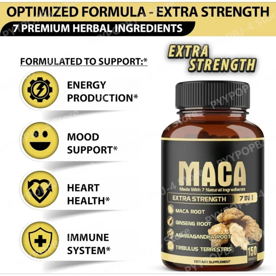 Maca Root Capsules 7-in-1 with Ashwagandha, Ginseng, Tribulus, Shilajit, Shatavari & Black Pepper, Extra Strength, 150 Count