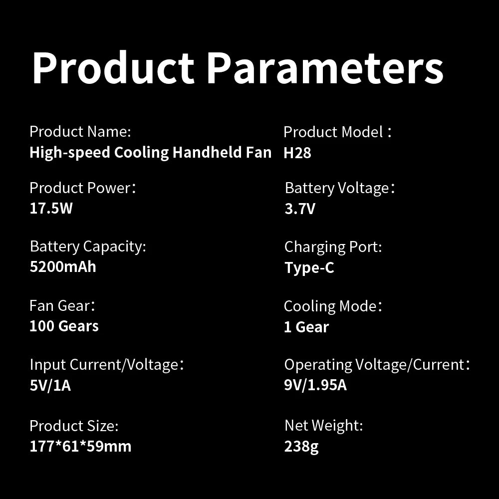 Ice Compress High-Speed Cooling Fan Handheld Fans USB Rechargeable Portable Mini Fan LED Digital Display, Travel, Camping