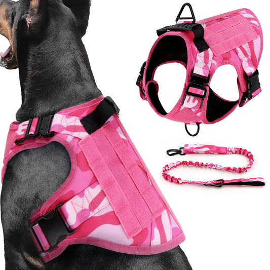 Tactical Pink Dog Harness Leash Set for Medium to Large Dog Adjustable Chest Strap Heavy-Duty Nylon for Outdoor Training Walking
