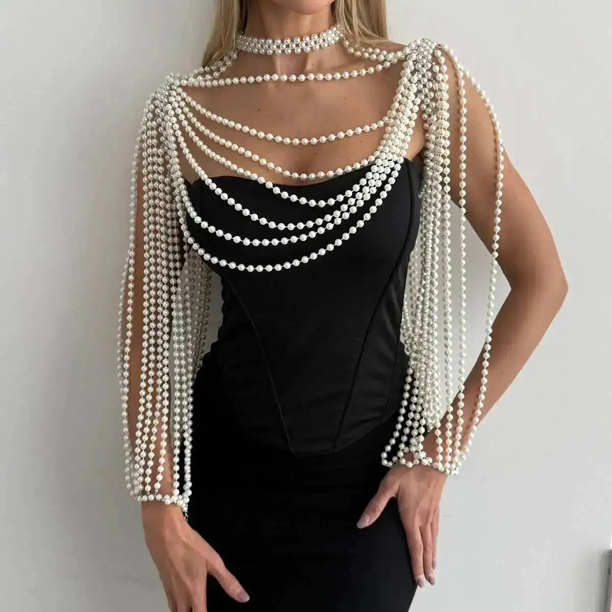 KunJoe Luxury Multi-layer Imitation Pearl Shawl Body Chain Women Elegant Long Necklace Body Jewelry Bride Wedding Accessories