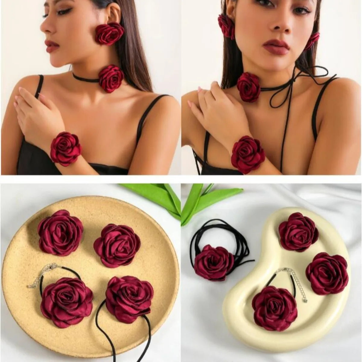 Women Adjustable Rope Choker Clavicle Chain Goth Y2K Romantic Rose Flower Necklace Bracelet Earrings Set