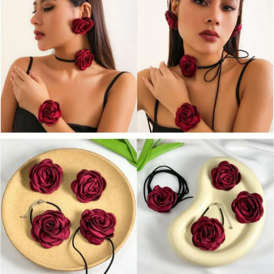 Women Adjustable Rope Choker Clavicle Chain Goth Y2K Romantic Rose Flower Necklace Bracelet Earrings Set