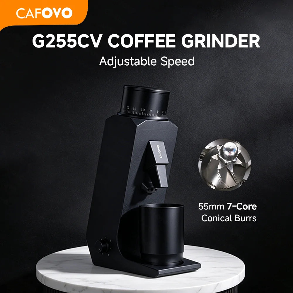 CAFOVO G255CV Single-Dose Coffee Grinder 55mm Conical 7-Core Burr Speed Range 100–400 RPM for Espresso and Pour-over Coffee Mill