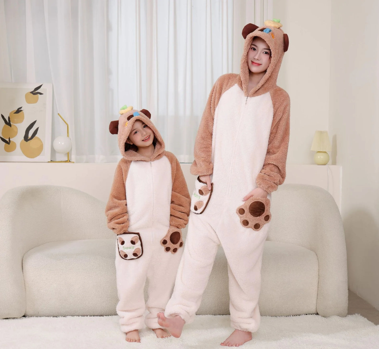 New Children Kigurumi Onesie Boys Girls Flannel Sleepwear Unisex Cypabara Cartoon Pajamas Winter Warm Flannel Hooded Jumspuits