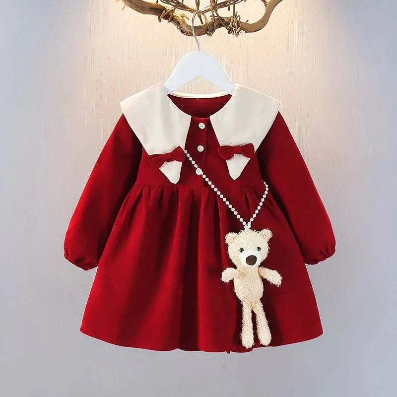Spring and Autumn Girls' Baby Dress New Children's Fashionable Doll Neck Long Sleeve Dress Red Girls' Princess Dress