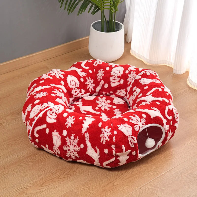Round Donut Cat Beds Christmas House Soft Plush Pet Mat for Puppy Cushion for Cats To Hide 2 in 1 Tunnel Cats Sleeping Sofa Noel