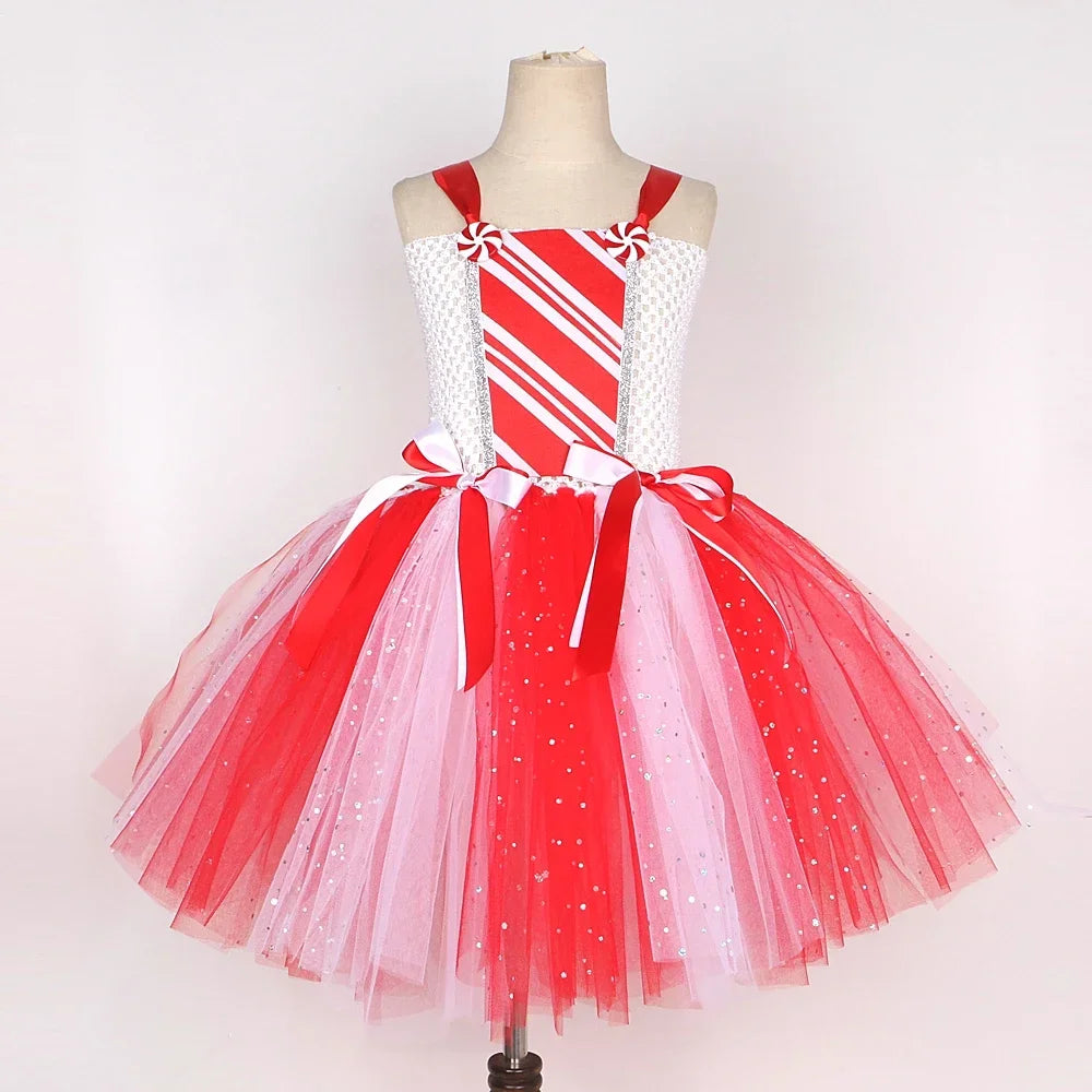 Sparkly Christmas Candy Costumes for Girls White Red Xmas Party Dresses with Bow Socks Kids New Year Tutu Outfit Holiday Clothes