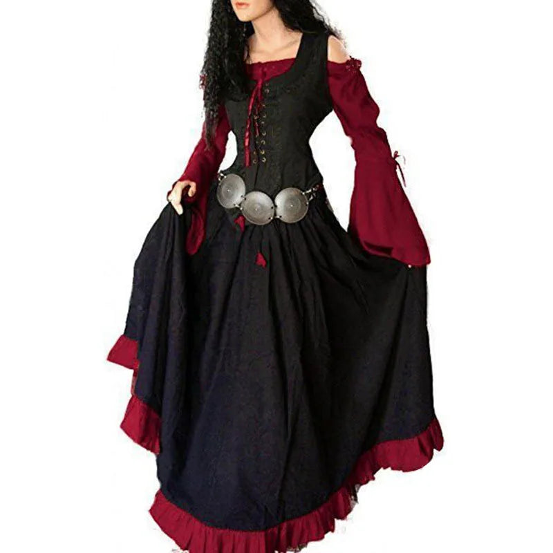 Halloween 2025 Women's Medieval Pirate Retro Slim Dress One-shoulder Large Flared Sleeves Long Skirt Stage Show Cosplay Costumes