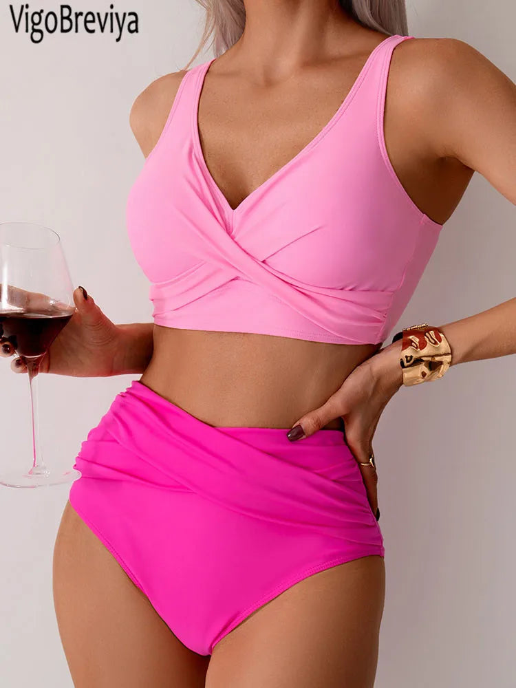 VigoBreviya 2026 Sexy Solid Strapped Swimwear Women Cross Push Up Bikini Set Brazilian Lady Swimsuit High Waist Beach Bath Suit