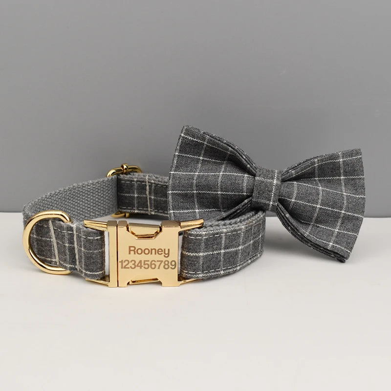 Plaid Dog Collar Designer With Bow Tie Custom Dog Accessories Luxury Pet collar leash set
