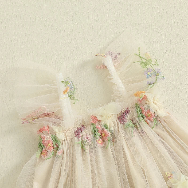 Baby Girl Square Neck Floral Embroidery Lovely Dress Kid Princess Lovely Dress Ruffle Sleeveless Toddler Party Dress Clothes