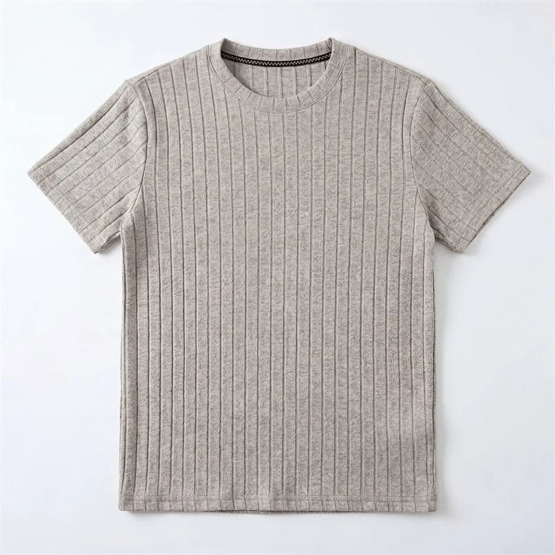 Men's Minimalist Crew Neck Ribbed T Shirt Comfortable Elastic Fabric Short Sleeve For Office And Casual Wear