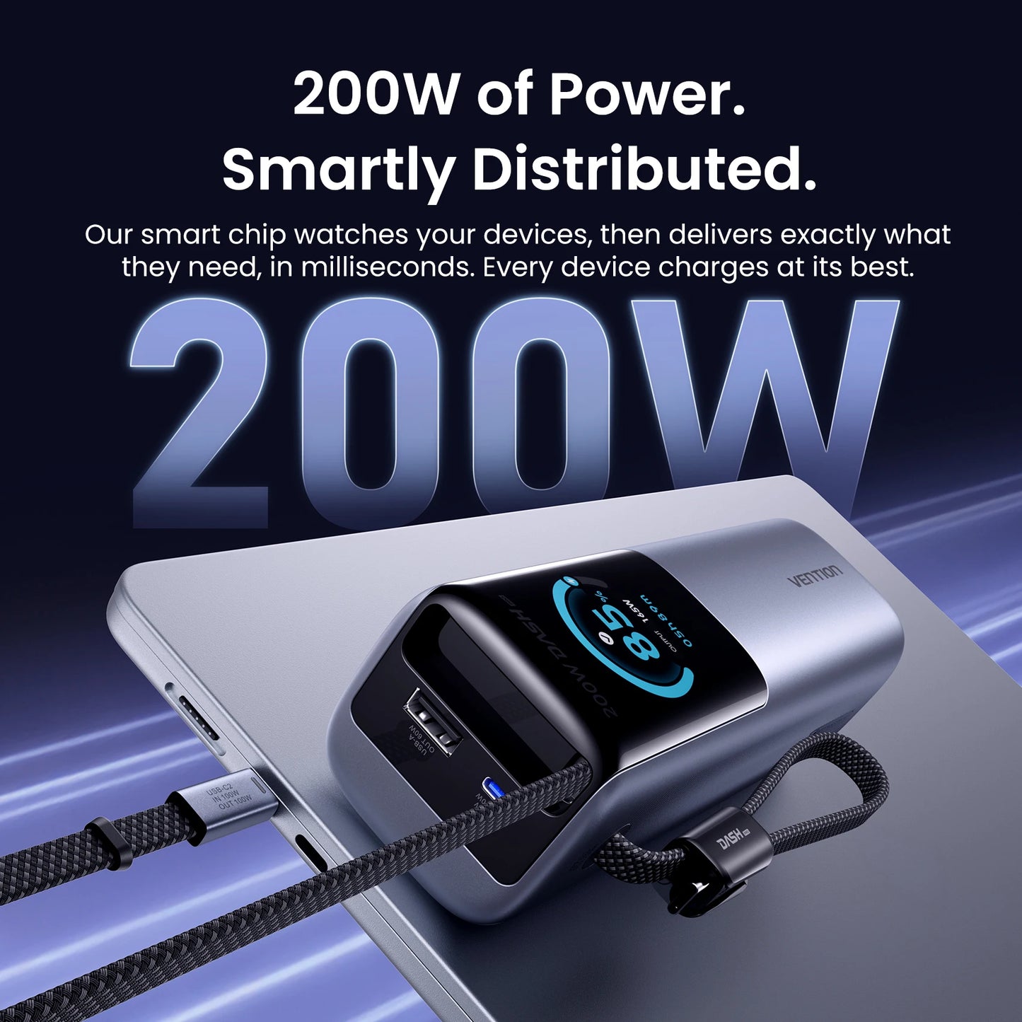 Vention 200W 25000mAh Power Bank Retractable Cables Portable PD External Battery PowerBank for Laptop Macbook Pro Fast Charge