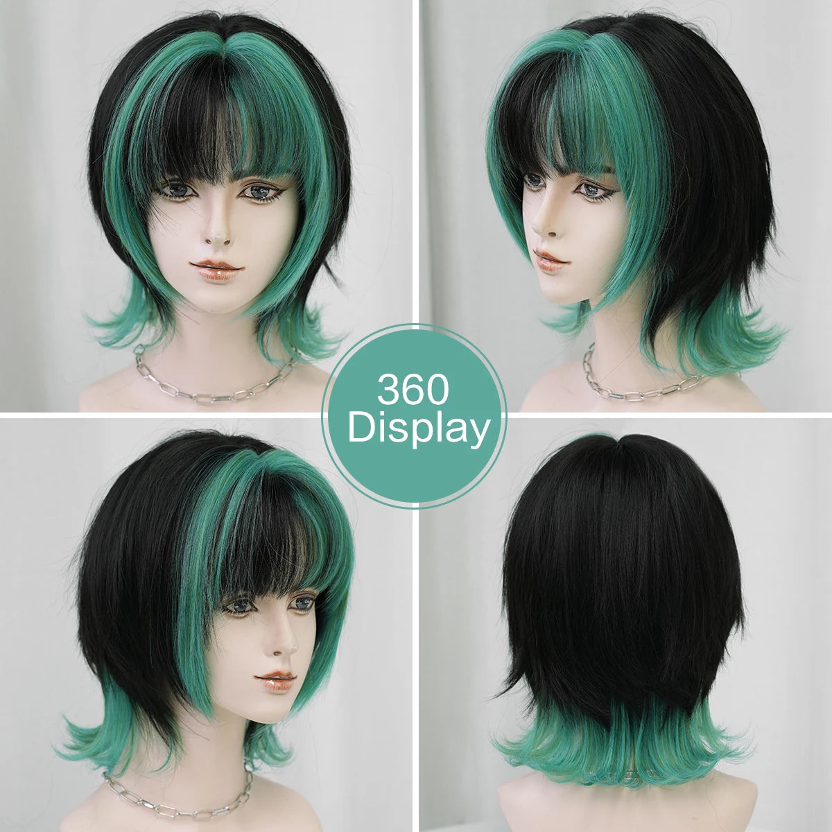 7JHH WIGS Short Straight Black Ombre Green Wig for Women Synthetic Modest Fashion Wear and Go Bob Wigs with Neat Bangs