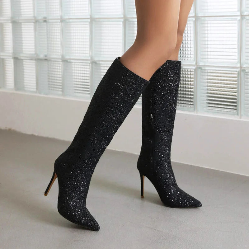 Ochanmeb Sexy Stiletto Heels Silver Red Glitter Boots Women Thin High Heeled Bling Bling Gold Sequined Knee-high Long Boot Party