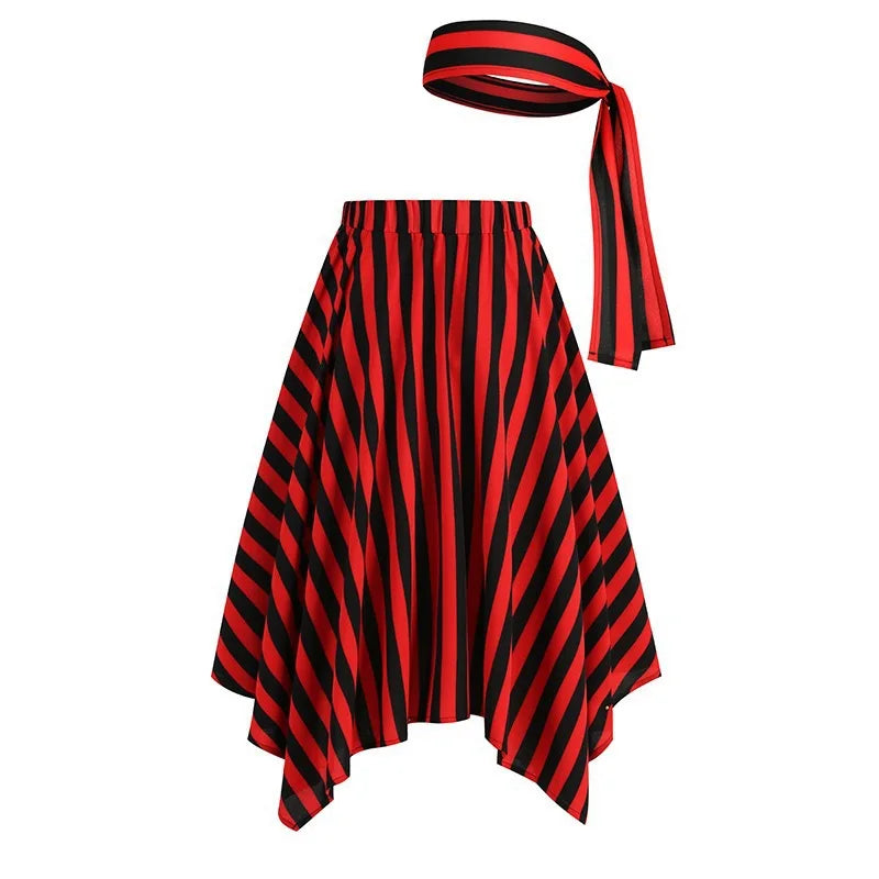 Halloween Pirate Costume Set Striped Pointed Skirt and Matching Striped Headscarf for Party