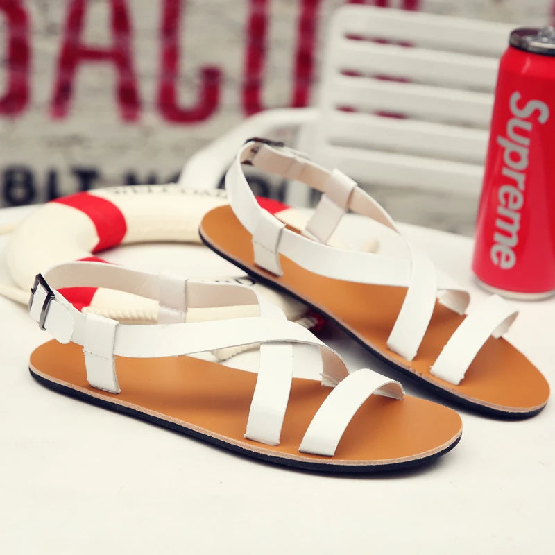 Mens Summer Breathable Leather Sandals Comfortable Roman Slippers for Outdoor Walking Casual Wear Non Slip