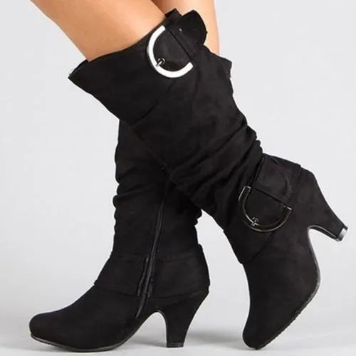 Women's Boots Mid Calf New Fashionable Bohemian Boots Square Heel European and American Belt Buckle Metal Decoration Women Shoes