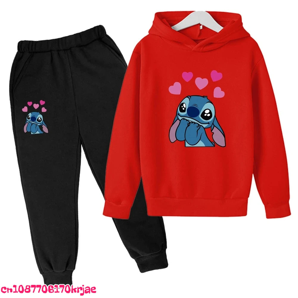 2025 Stitch Children's Hoodie Clothing Leisure Outerwear Black Sweatshirt +pants Set Suitable 3-12 Years Boys Girls Gift Spring