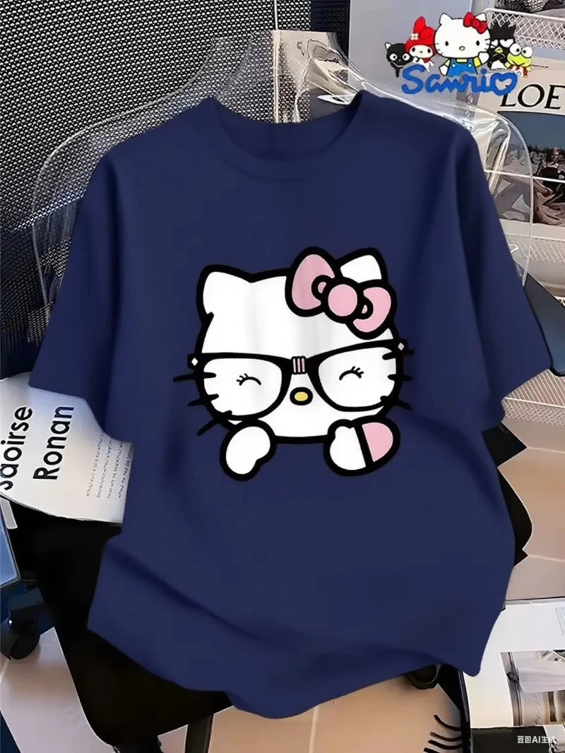 MINISO Cotton T Shirt with Hello Kitty in Glasses Graphic Sweet and Nerdy Style Trendy Printed Brand Cotton T-shirt Short Sleeve