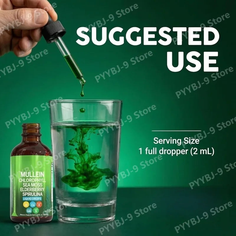 Mullein Drops Liquid Chlorophyll Elderberry Sea Moss Spirulina Chlorella Marigold Lung Cleanse Tincture Men Women 2 Fl Oz