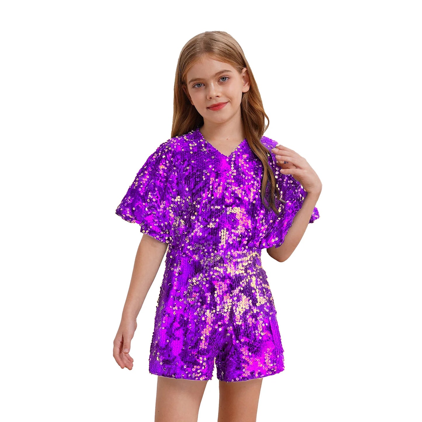 Kids Girls Shorty Unitard Sleeveless Sequin Rompers Leotard Bodysuit Performance Children Jazz Modern Dance Party Tap Costumes