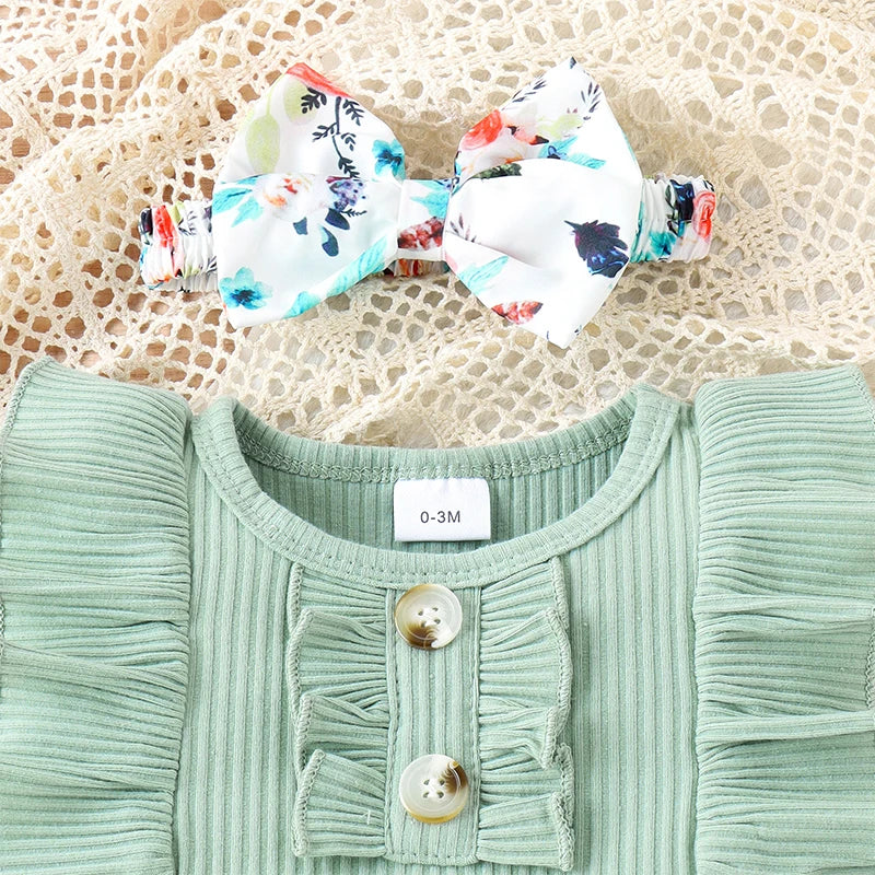 Baby Girl Summer Set Sleeveless Frill Trim Ribbed Romper Elastic Waist Shorts Bow Headband Infant Toddler 3 Piece Outfit