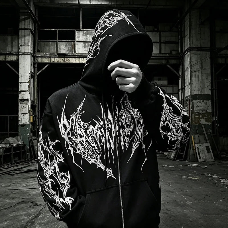 Men Gothic Skull Thorn Graphic Full Zip Up Hoodie Fleece Lined Long Sleeve Winter Punk Goth Streetwear Oversized Sweatshirt
