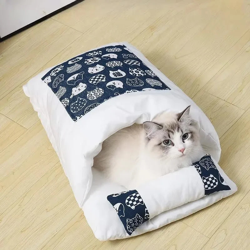 Winter Warm Cat Sleeping Bag Removable Cat Beds Deep Sleep Pet Dog Bed House Cats Nest Cushion with Pillow Cat Supplies