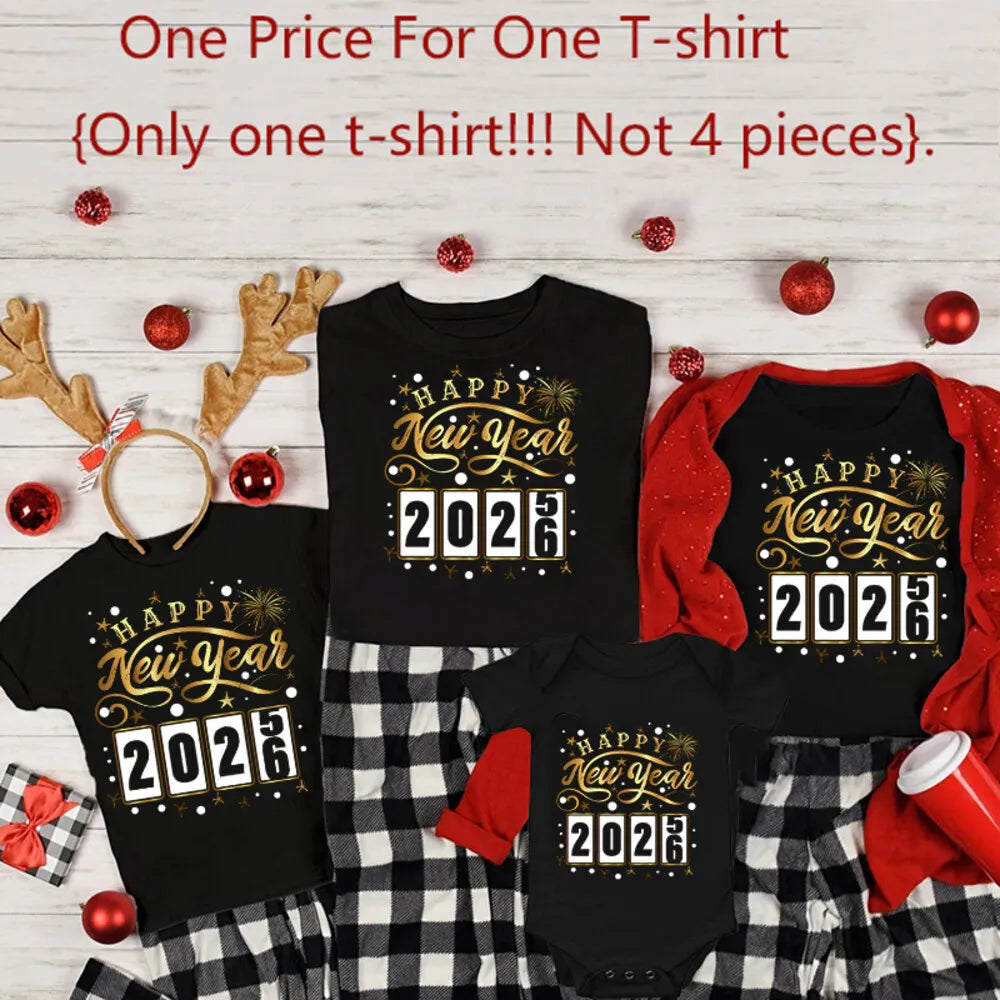 Happy New Year 2026 Family Clothing Dad Mom & Kids Round Neck Tee Baby Bodysuit Hello 2026 New Year Family Look
