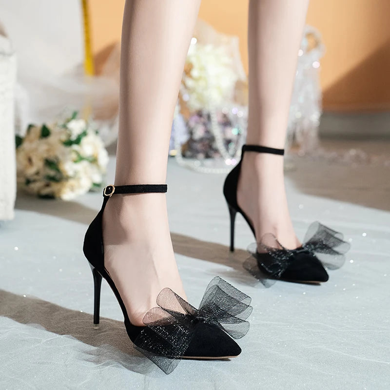 Fashion Silk Bowknot Satin Women Pumps Summer Pointed Toe High Heels Party Wedding Stripper Heels Lady Shoes Big size 45