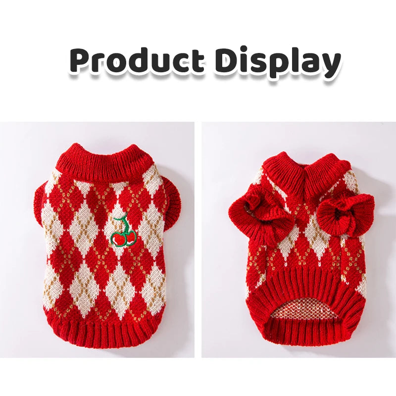 Winter Dog Knit Sweater Soft Dog Clothes Cute Plaid Puppy Sweater Cherry Print Cat Pullovers Pet Warm Turtleneck Poodle Apparel