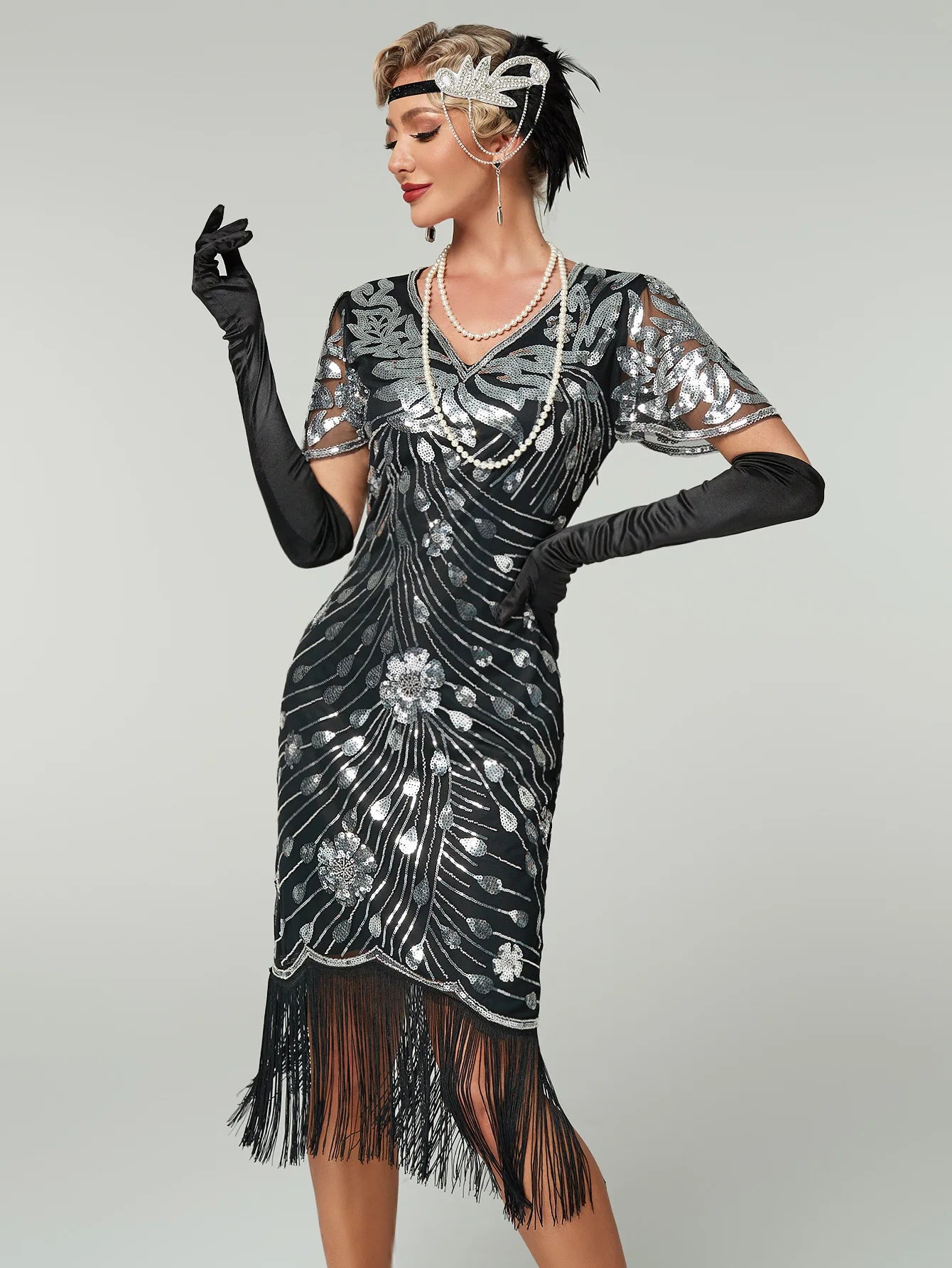 1PC Woment's Elegant Glam 1920s Fringe Sequin Flapper Dress Roaring 20s Gatsby Party Cocktail Dress with Short Sleeves for Women