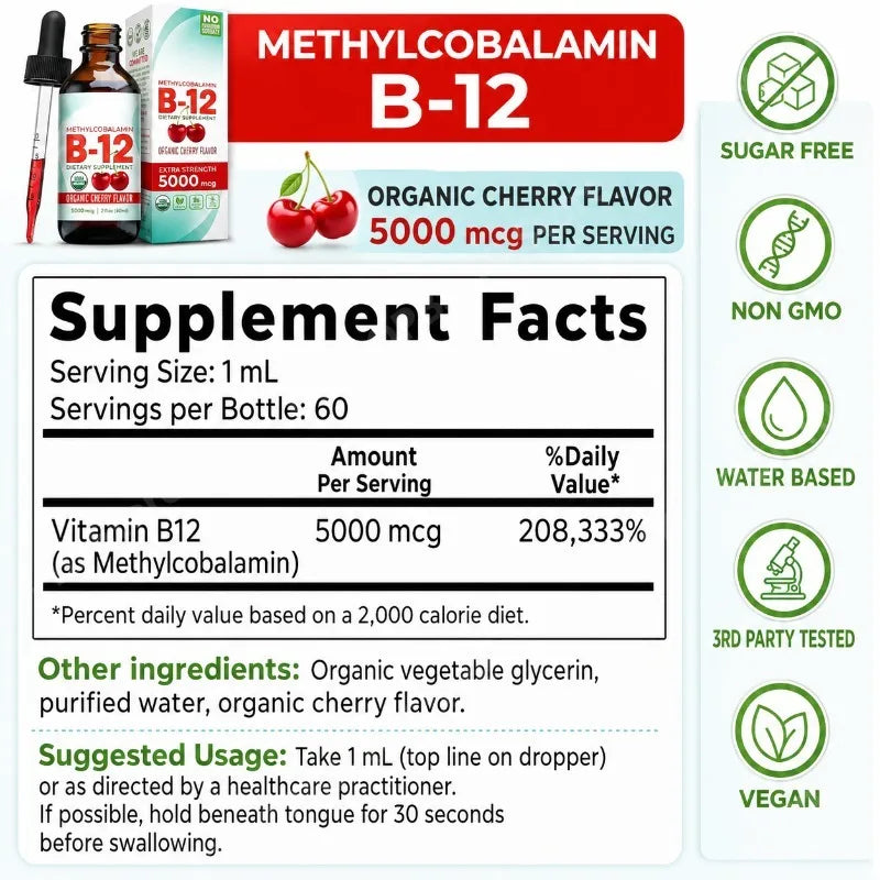 Methylcobalamin B12 5000mcg Daily Energy Vitality Support Organic Cherry Flavor Liquid Drops 60ml