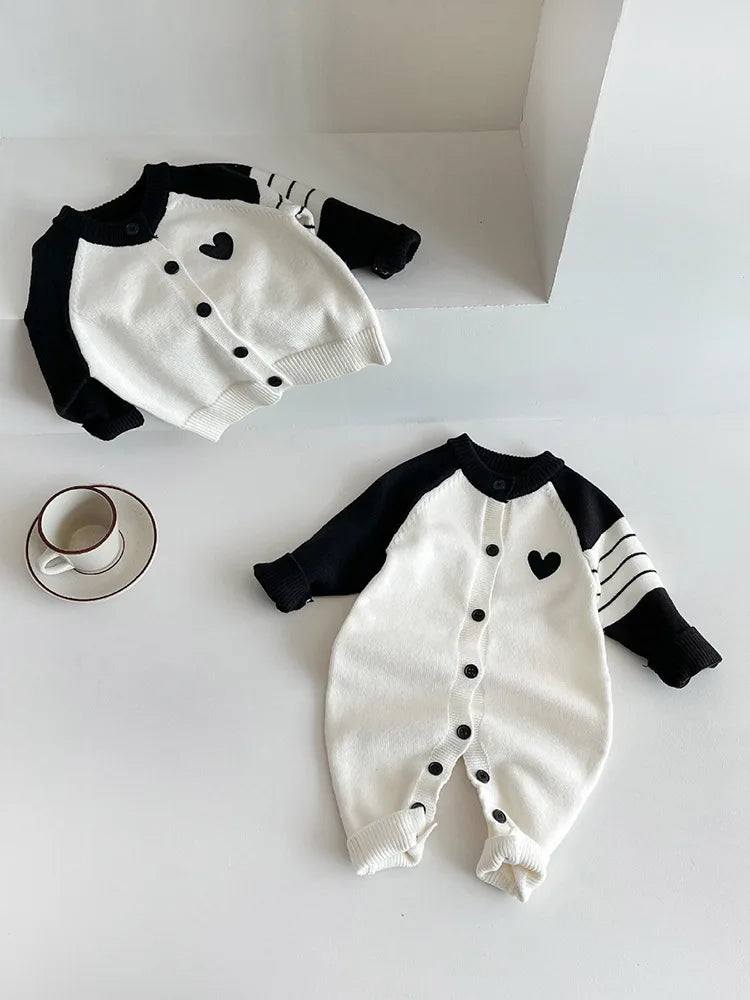 2025 Autumn New Baby Long Sleeve Patchwork Romper Infant Baby Heart Knitted Jumpsuit Cotton Newborn Toddler Casual Clothes 6M-3T