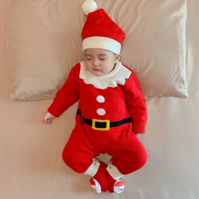 Infant Christmas Outfits Baby Romper Clothes Winter Red Santa Claus Knitted Newborn Infant Boy Girl Christmas Gift Jumpsuits+Hat