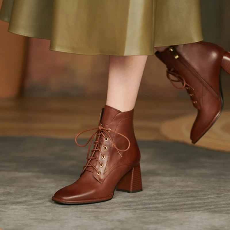 New Autumn/Winter Women Boots Cow Leather Fashion Women Shoes Square Toe High Heel Shoes for Women Lace Up Modern Short Boots