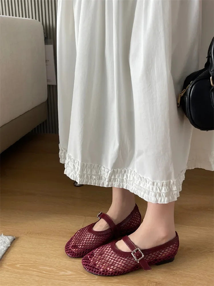 Aneikeh BIG Size 35-43 Jelly Color Fishing Ballet Dance Women's Mesh Buckle Flat Hollow Out Retro Mary Jane Shoes