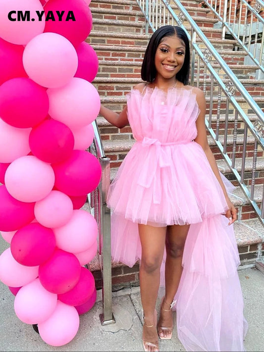 CM.YAYA Women Strapless Mesh Ball Gown High Low Irregular Cocktail Dress 2023 Autumn Vestidos Sexy Party Even Dresses