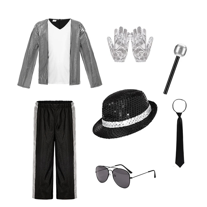 Kids Boys Michael Jackson Cosplay Costume With Accessories King Of Pop 80s Outfit Halloween Carnival Dance Fancy Dress Up