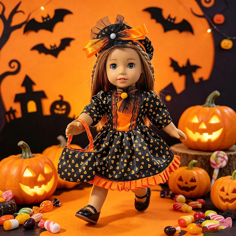 Halloween Doll Costume Outfit Suitable for 18 Inch Dolls. Doll Holiday Costume Set with Three Pieces and Doll Accessories