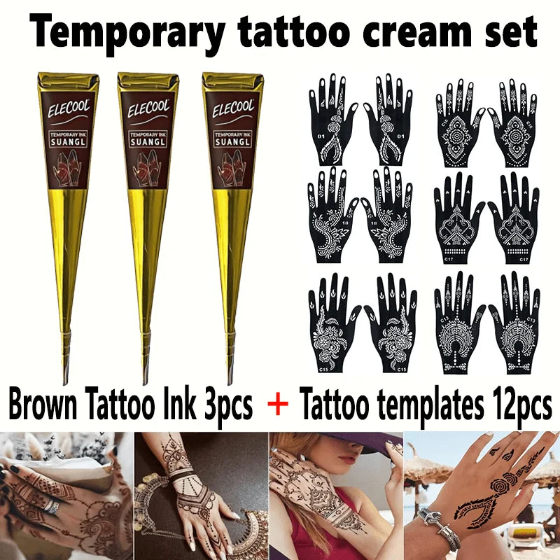 SUANGL Temporary Henna Tattoo Kit 3 Colors Black Brown Red with Stencils for Beginners Professionals Party Gift Set