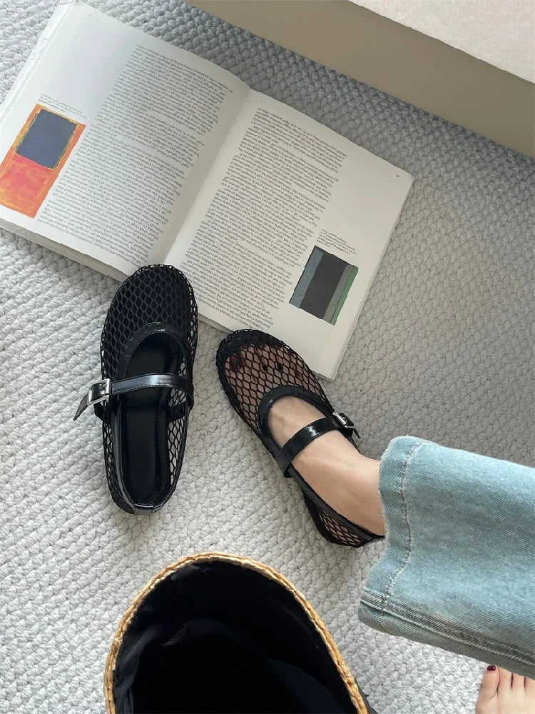 Aneikeh BIG Size 35-43 Jelly Color Fishing Ballet Dance Women's Mesh Buckle Flat Hollow Out Retro Mary Jane Shoes