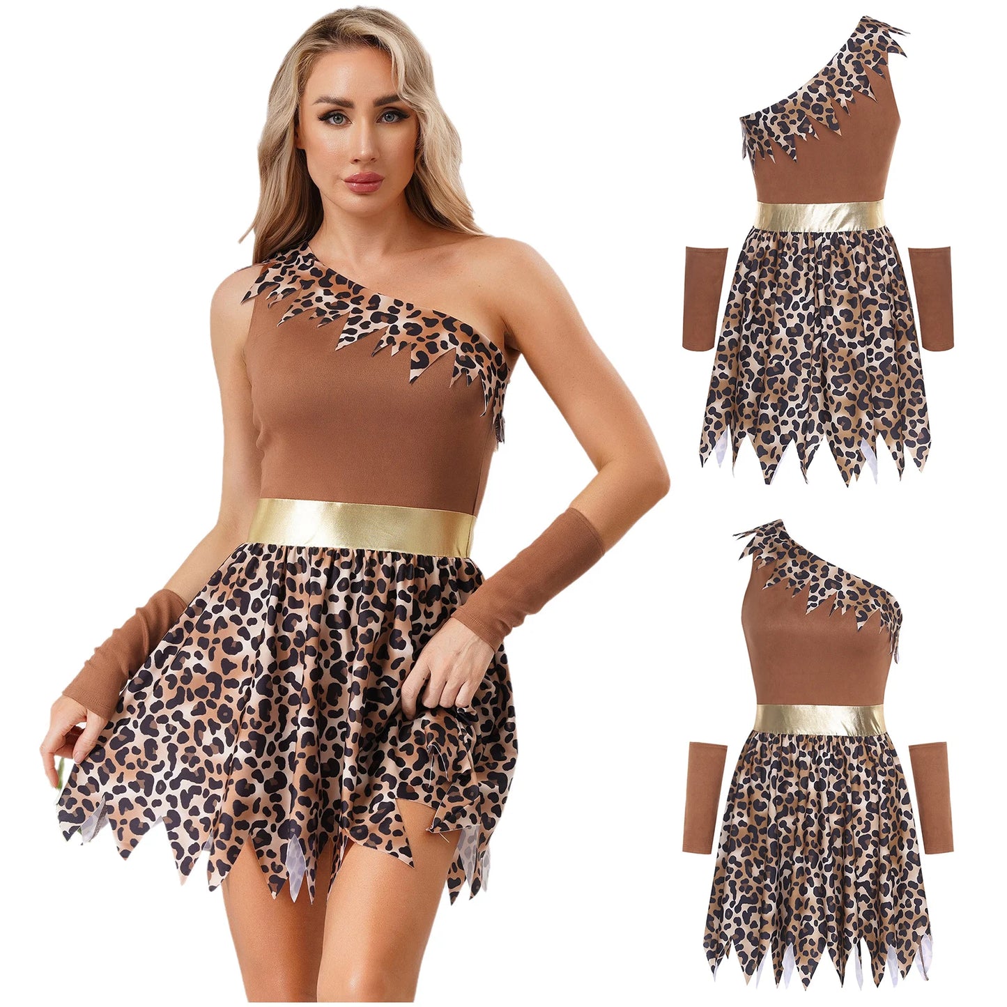 Women Halloween Prehistoric Cave Girl Costumes Print One Shoulder Jagged Hem Dress and Oversleeve for Role Play Theme Party