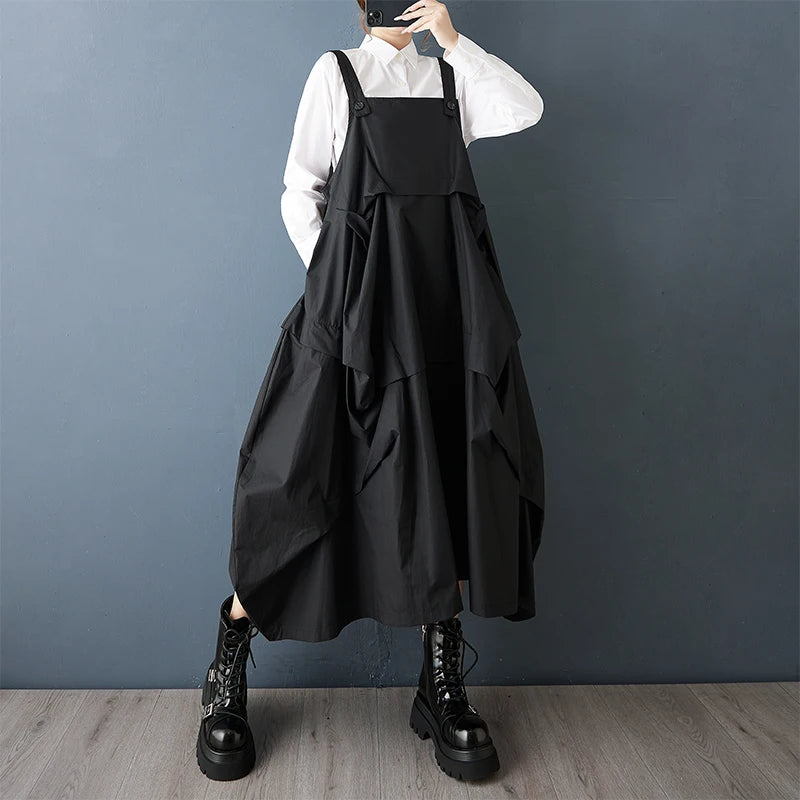 2025 Spring Autumn New Black Vintage Straps Dresses For Women Sleeveless Pleated Loose Casual Dress Robe Elegant Fashion Clothes
