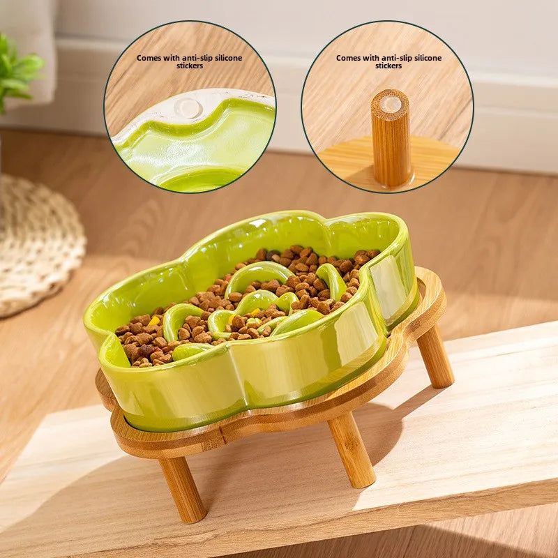 Ceramic Dog Slow Food Bowl Anti-choking Medium and Large Dog Food Basin Cat Bowl with Wooden Frame Pet Feeding Supplies With