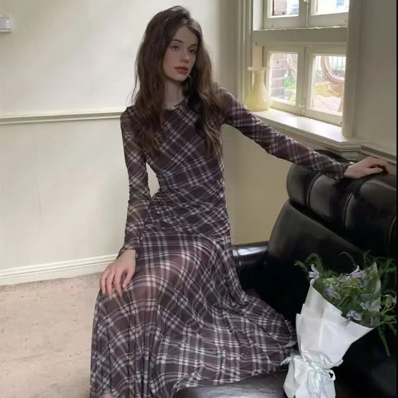 French Sexy Lazy Plaid Long Sleeve Dress Women's Autumn New Elegant Waist-Cinching Slimming Midi Dress Polyester Fabric