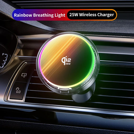 25W Air Cooling qi2.2 Car Magnetic Wireless Charger RGB Light  Phone Holder For Magsafe iPhone 17 16 15 14 13 12 Fast Charging